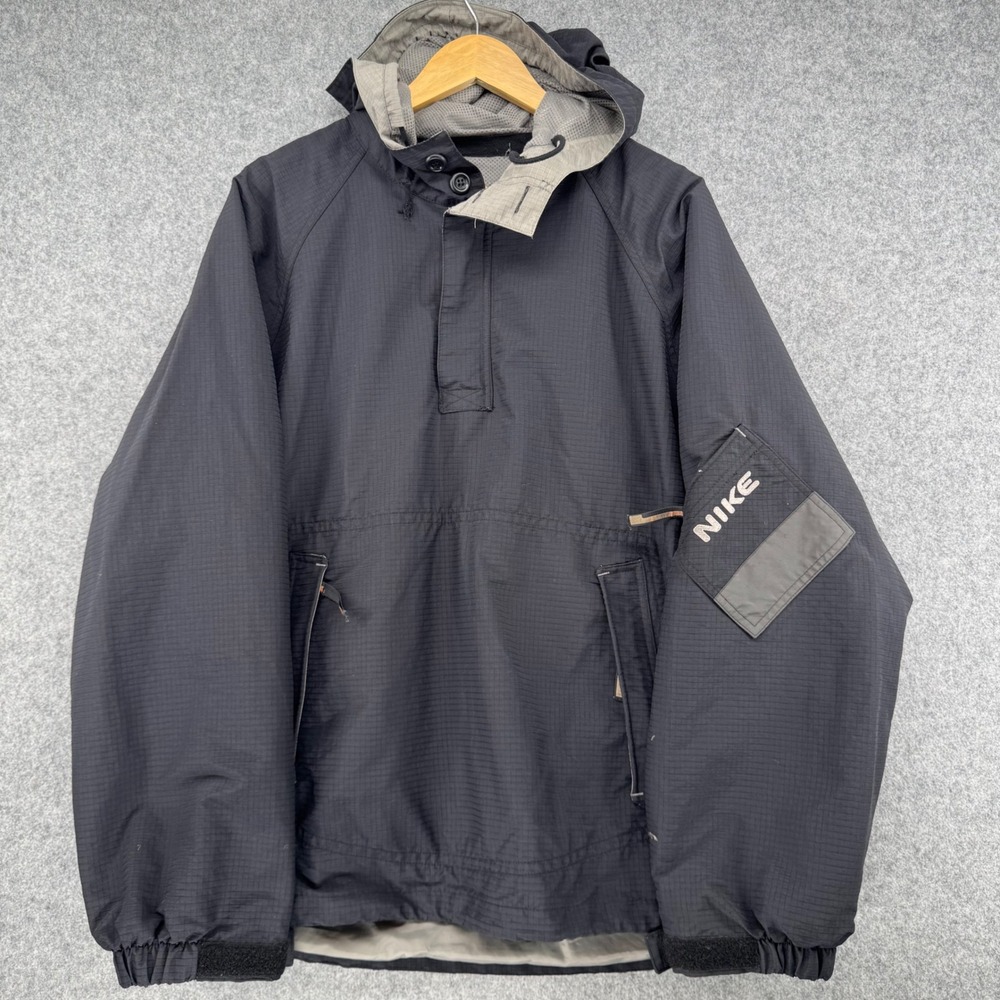 Vintage Y2K Nike Anorak 1/4 Zip Jacket Mens M Black Ripstop Hooded Pullover